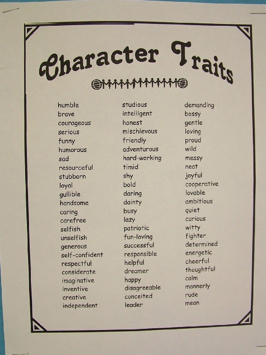 Printed classroom handout titled Character Traits listing many traits in three columns.
