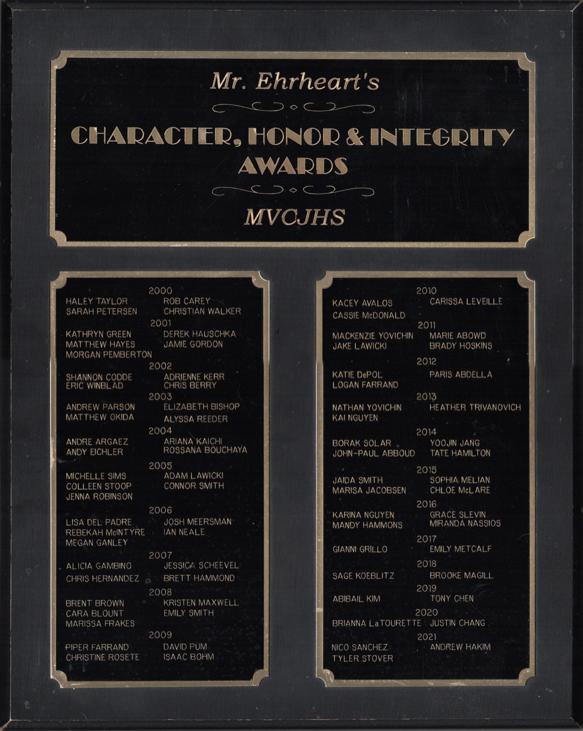 Photographic composite of Mr. Ehrheart’s Character, Honor and Integrity Awards plaque from MVCJHS. Click to enlarge.