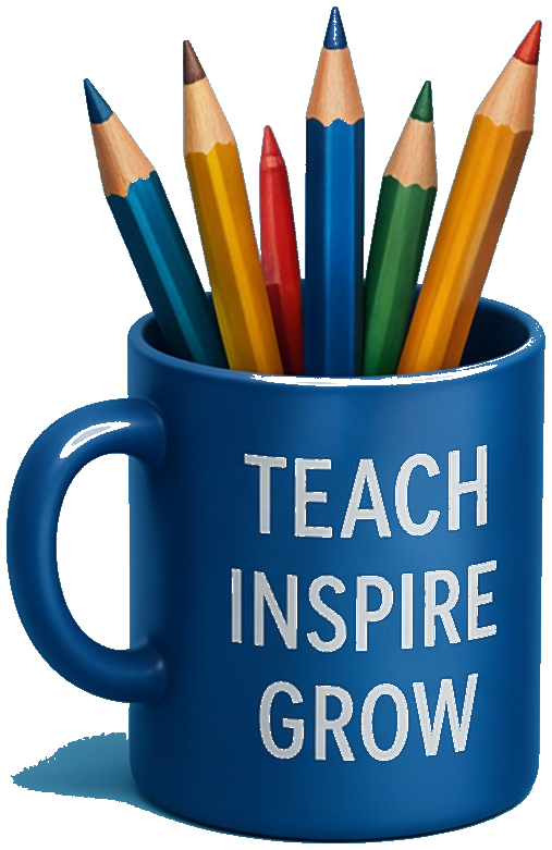Blue mug of colored pencils labeled Teach Inspire Grow