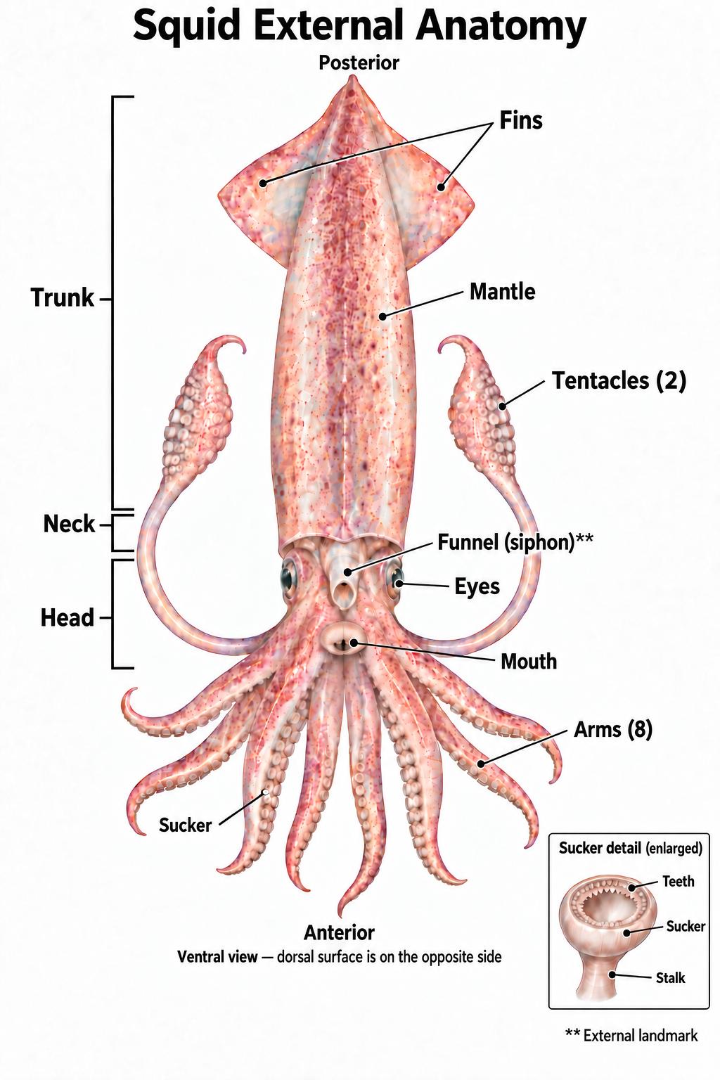Guide illustration: external anatomy, ventral view. The funnel is the external landmark.