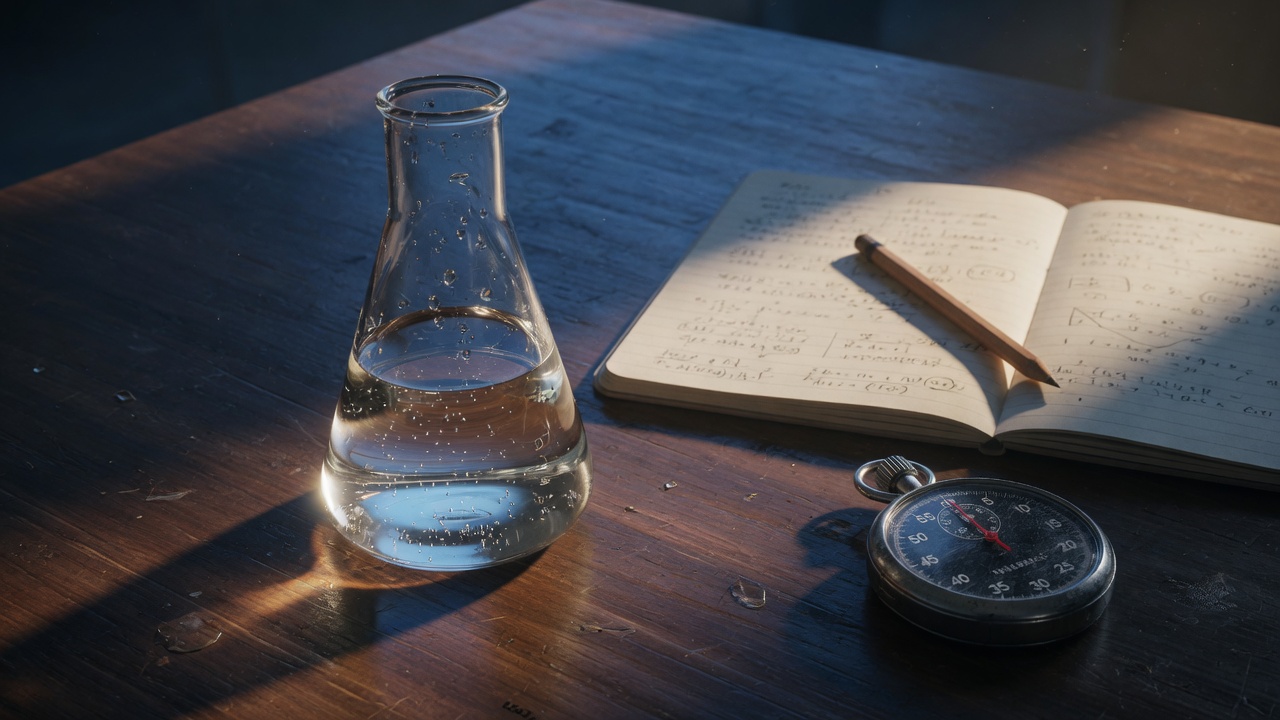 Science notebook and flask