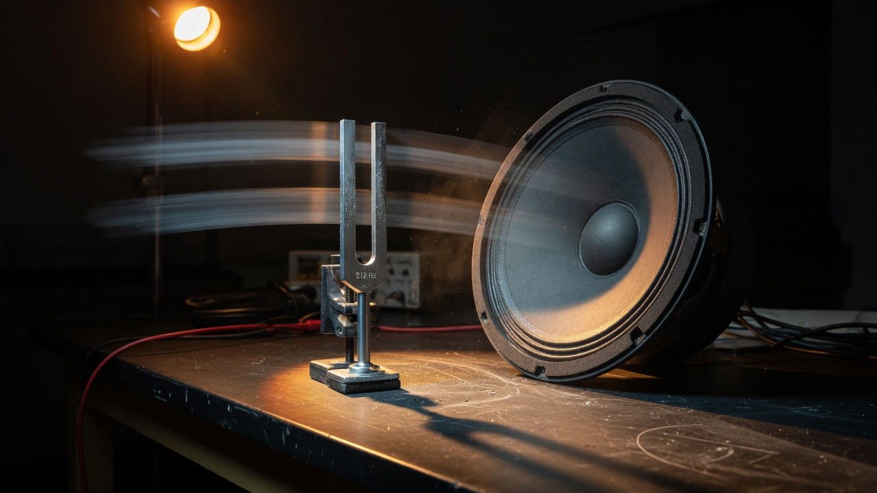 A tuning fork beside a speaker