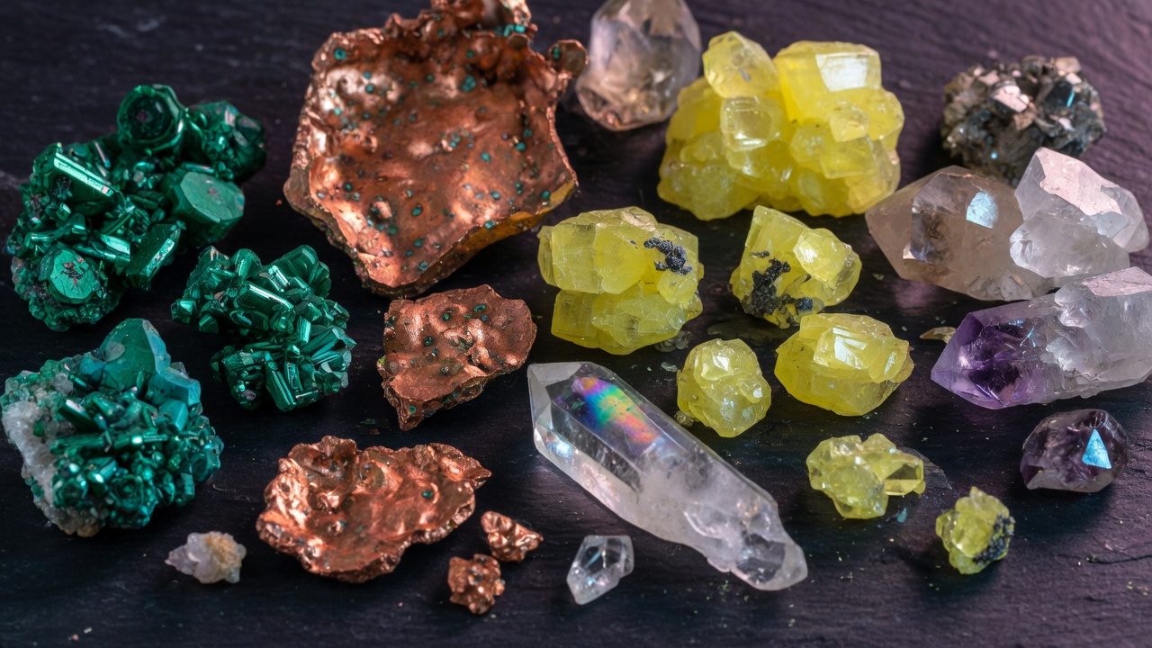 Colorful mineral crystals on dark slate