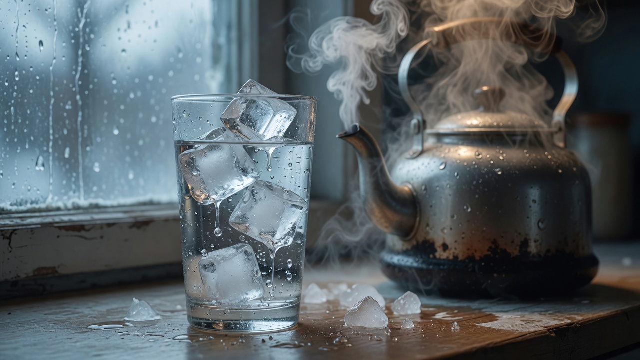 Ice melting beside steaming water