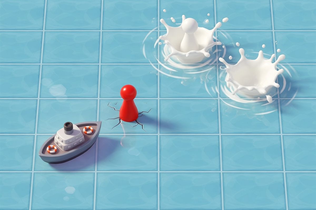 A small ship on a blue grid beside a splash