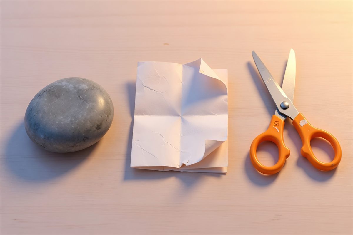A stone, a folded paper, and scissors